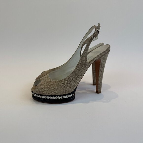 Chanel Beige Canvas and Black Leather Peep Toe Platform Slingbacks, Size 41 - Picture 5 of 14